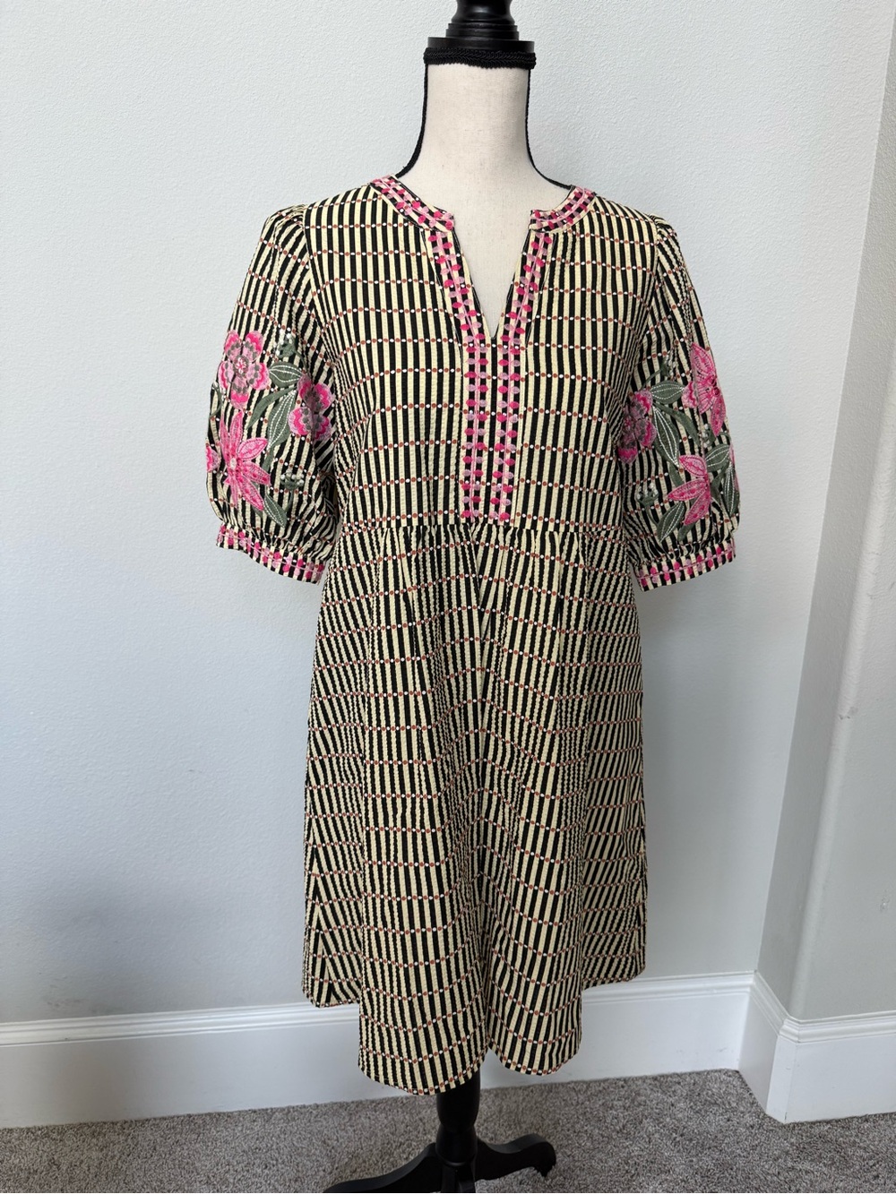 THML Black and Cream Textured Puff Sleeve Dress with Pink Floral Embroidery